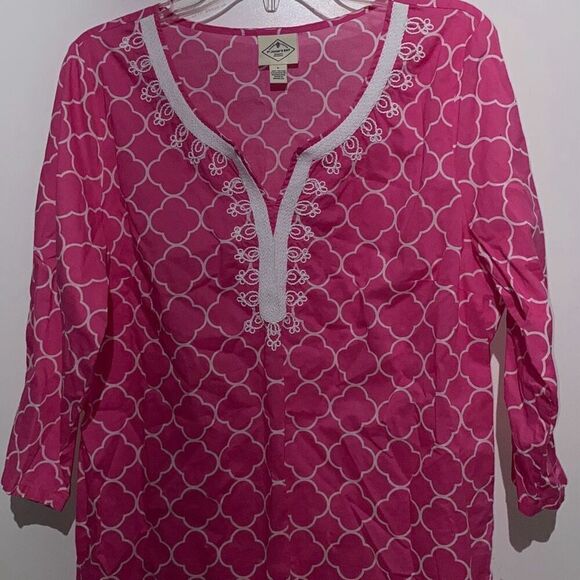 St. John's Bay Women's Quatrefoil Split Neck 3/4 Sleeve Cotton Blouse Large - Picture 3 of 8
